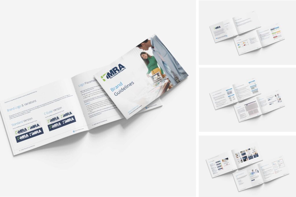 Mockup of brand guidelines showcasing various pages