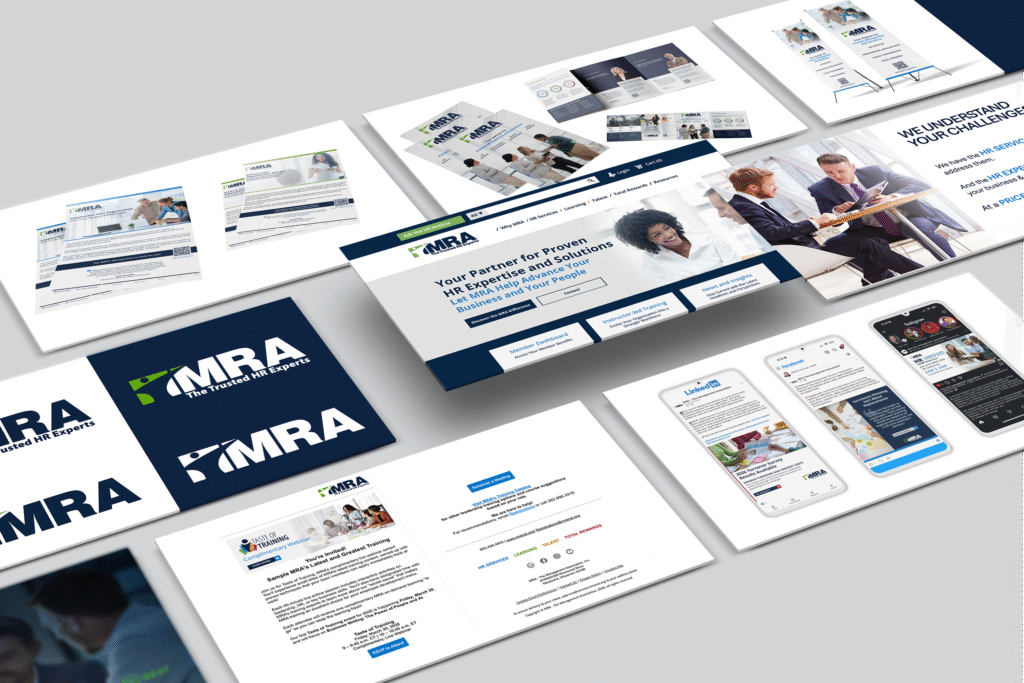 Mockup up of several marketing pieces after rebrand