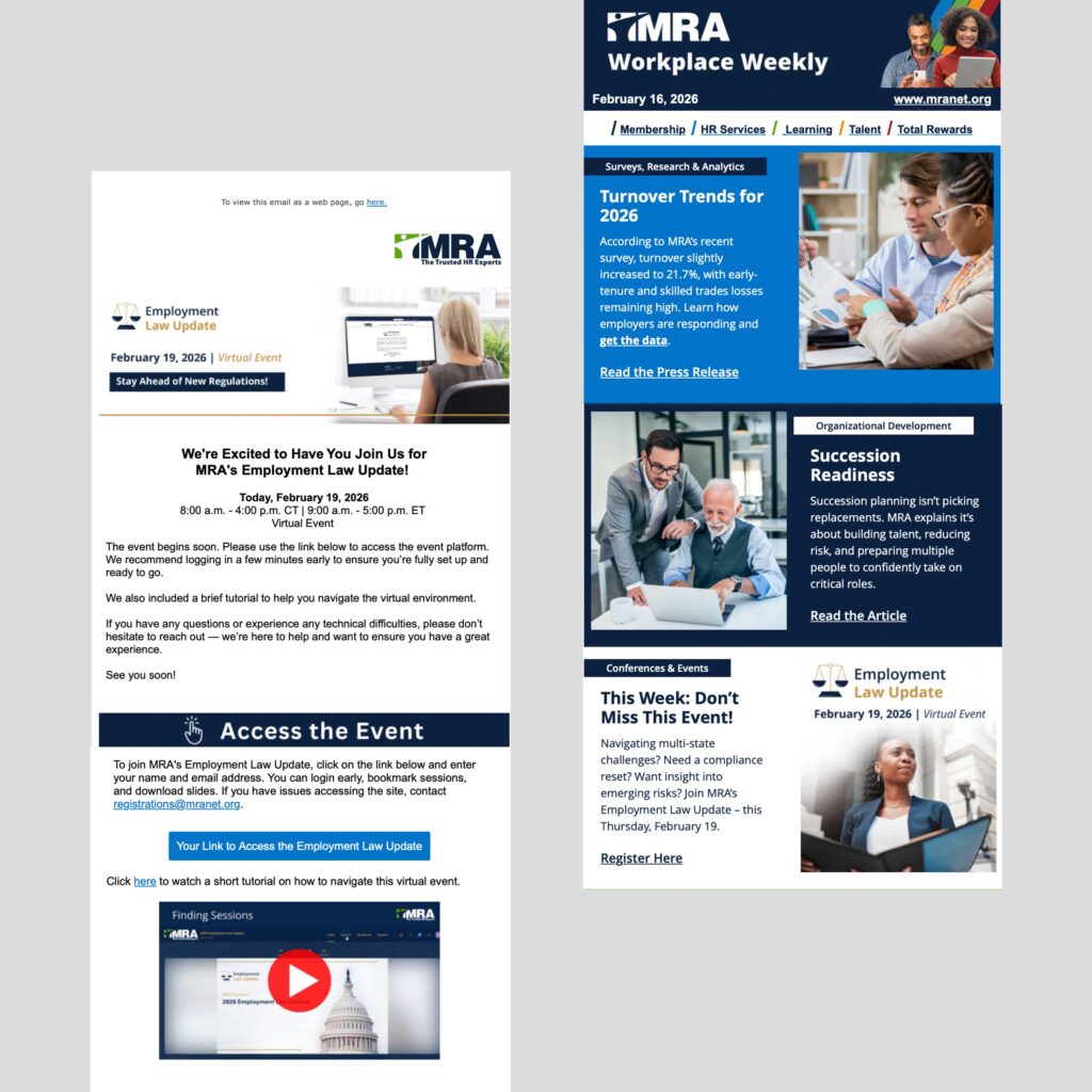 Sidy-by-side of two emails promoting the Employment Law Conference.