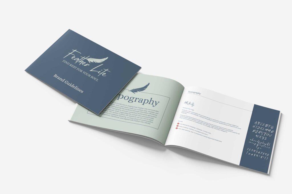 Mockup of the front cover of the Featherlite brand guidelines and two pages depicting the brands rules for typography