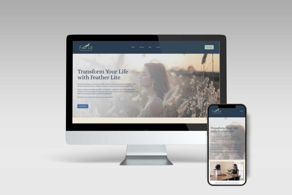 Mockup of the homepage of the Fetherlite website on a desktop and mobile device