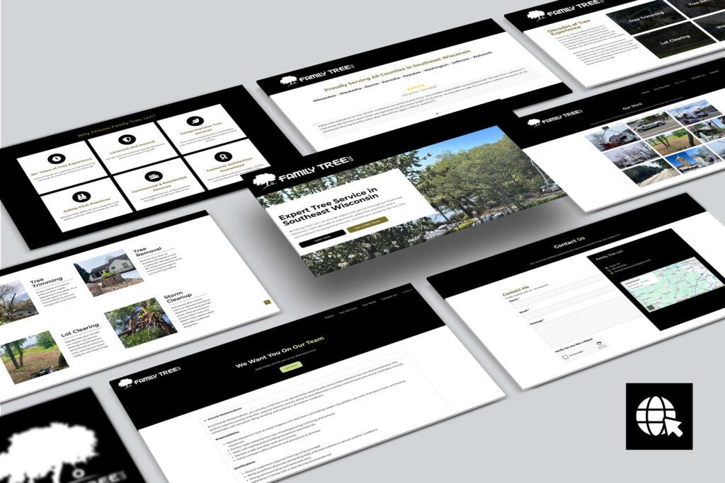 Perspective presentation showing multiple pages of the Family Tree Website